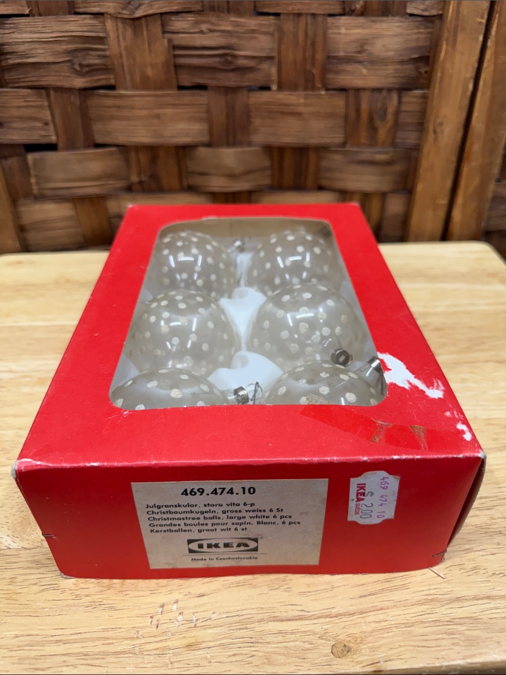 Vintage IKEA White Polka Dot Glass Ornaments with Silver Tops